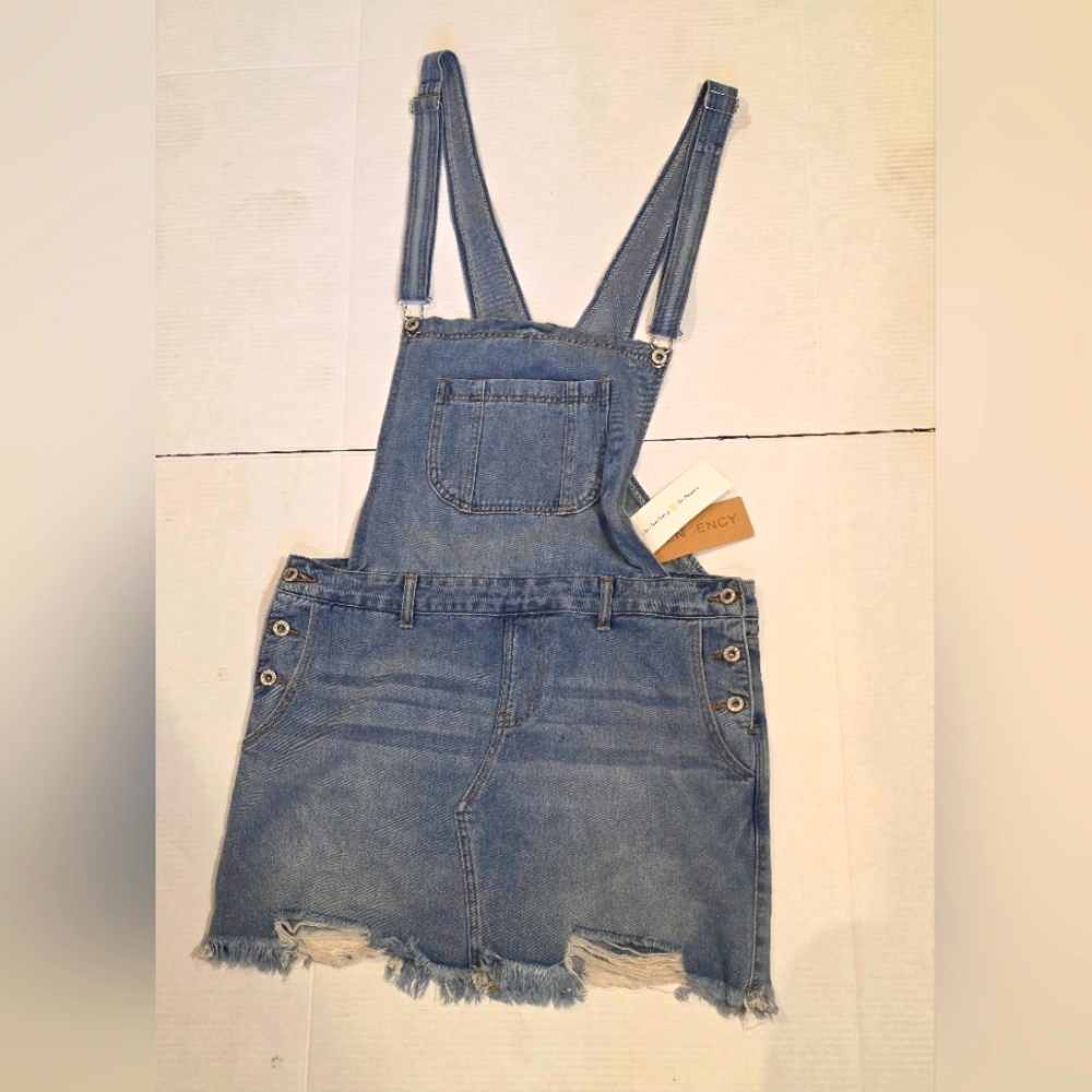 New Distressed Bib Denim Overall Jumper Skirt Dress Womans Size M